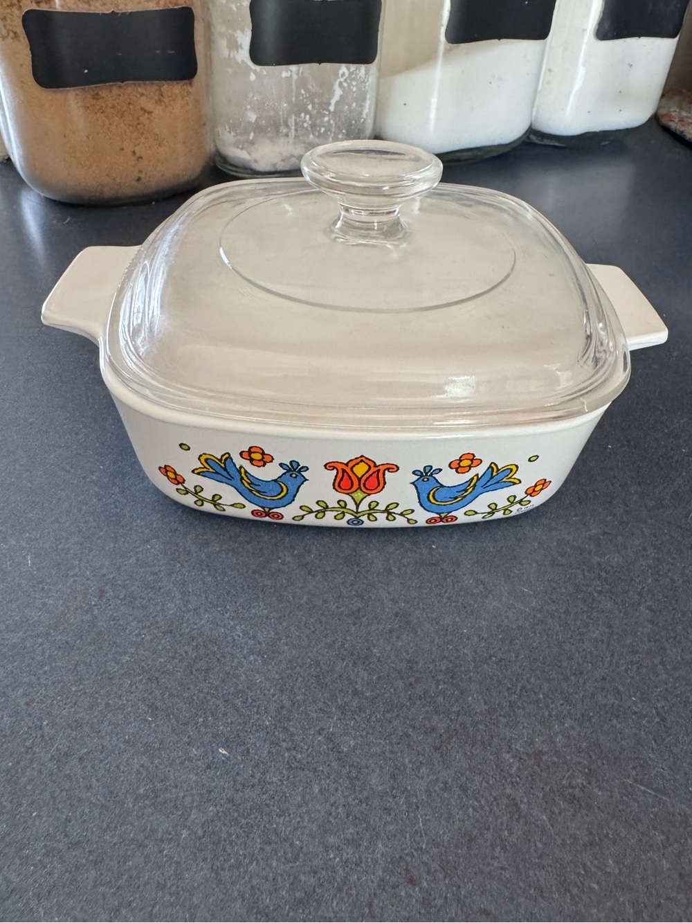 Corningware White Casserole Dish with Blue Bird and Multicolor Floral Motif